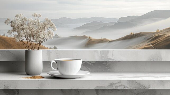 a cup of coffee sitting on top of a table next to a vase with a plant in it and mountains in the background.