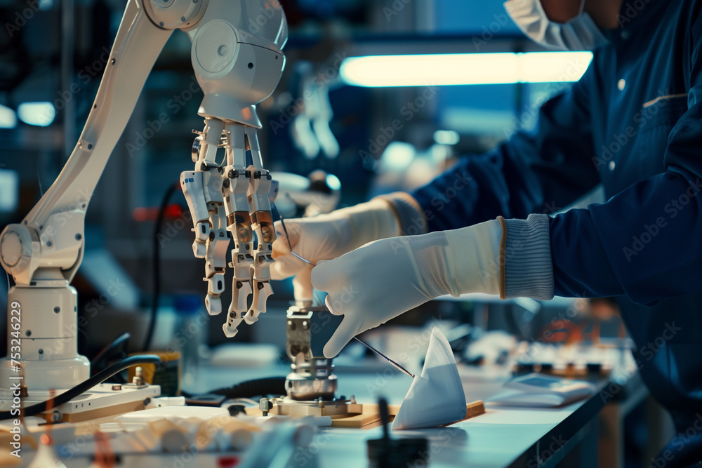 Poster a robot is being operated by a person wearing gloves. the robot has a human-like hand and is being u