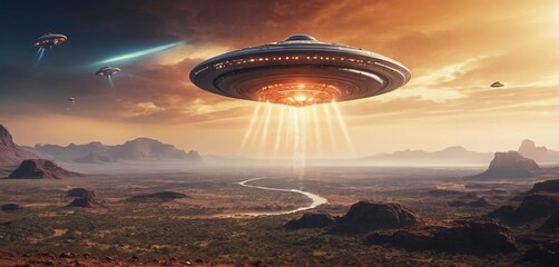 UFO, flying saucer against the background of the desert. fantastic unreal landscapes futuristic - obrazy, fototapety, plakaty
