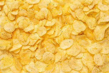 Macro blank photography of potato crisp, chips, crunchy, crispy, salted, crisp, potato, unhealthy, calories, fried, fast, junk, chips, salty