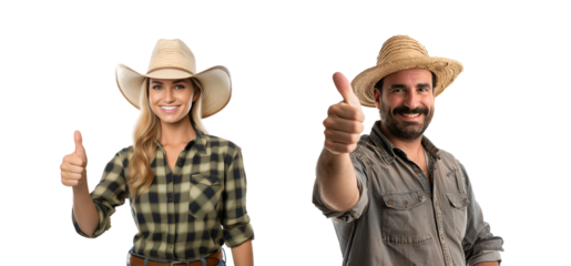 Set portrait close-up: Farm people, a man and a woman, giving thumbs up, Isolated on Transparent Background, PNG