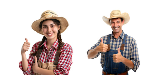 A close-up set portrait of farm people, a man and a woman, giving thumbs up, Isolated on Transparent Background, PNG