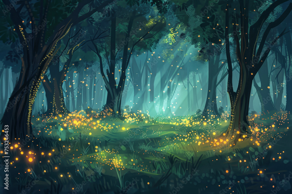 Poster a forest or a field with lightning bugs or fireflies creating a pattern of light