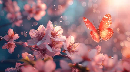 Papier Peint photo autocollant Couleur saumon Spring banner, branches of blossoming cherry against background of blue sky and butterflies on nature outdoors. Pink sakura flowers, dreamy romantic image spring, landscape panorama, copy space.
