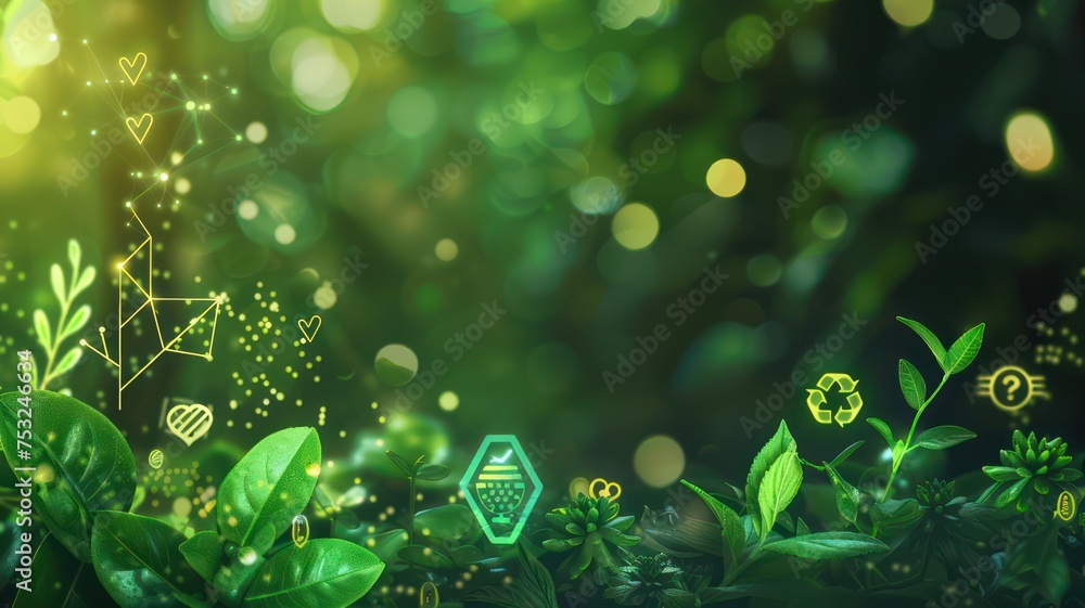 Poster background with green glowing ecological icons created with generative ai