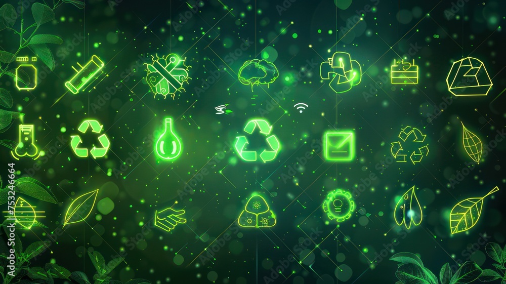Poster background with green glowing ecological icons created with generative ai
