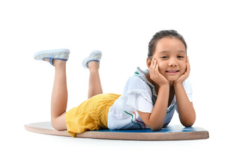 Little Asian girl with surfboard on white background