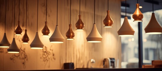 Coffee shop interior design with closeup lighting and hanging decorations - obrazy, fototapety, plakaty