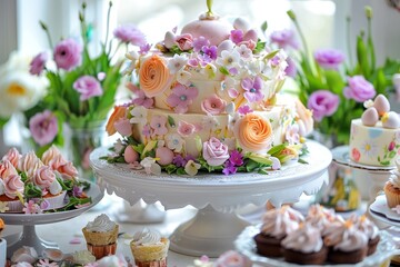 Spring's Culinary Masterpiece: An Exquisitely Decorated Easter Cake with Pastel Icing and Delicate Edible Flowers