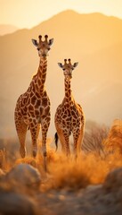 Pair of giraffes in the vast african savannah landscape, with blue sky and lush green vegetation - obrazy, fototapety, plakaty