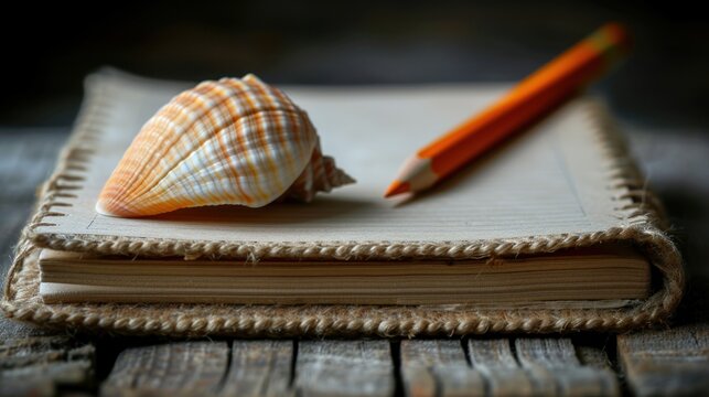 a close up of a book with a pencil on top of it and a sea shell on top of it.