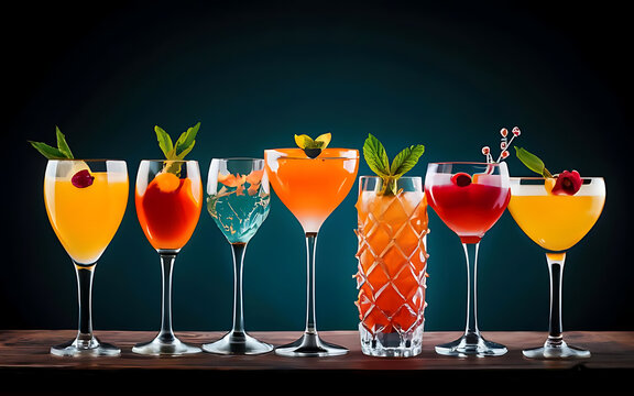 Different colored cocktails in glasses on a table decoration of different cocktail in different glasses