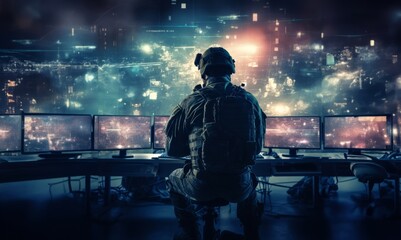 Techno-Warfare Professional Soldier Engaged with Combat Holograms on Computer.Generated image