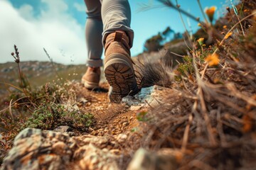 Hiker in sports shoes walking on the trail. Hiking endurance concept. AI Generated 