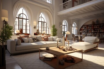 Elegance Illuminated: Sunlit Living Room with Classic Architecture - obrazy, fototapety, plakaty