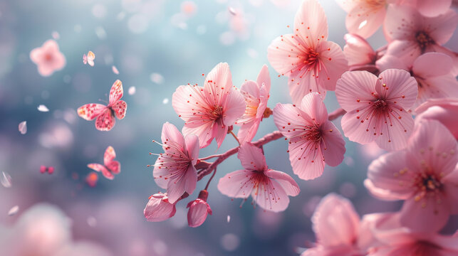 Spring banner, branches of blossoming cherry against background of blue sky and butterflies on nature outdoors. Pink sakura flowers, dreamy romantic image spring, landscape panorama, copy space.
