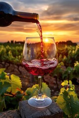 Pouring red wine into glass in the vineyard at golden hour sunset. AI Generated