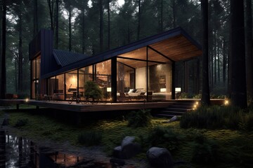Fototapeta na wymiar Modern Forest Retreat: A Tranquil Glass House Amidst Nature