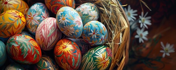 Vibrant Hand-Crafted Easter Eggs Displayed in a Rustic Basket, Celebrating the Season of Renewal