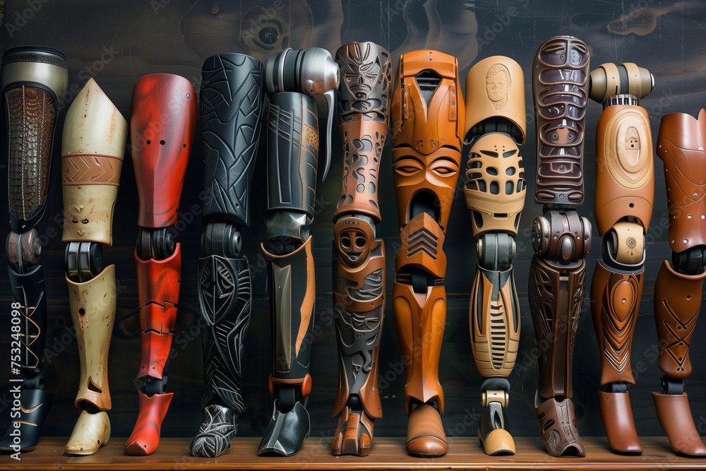 Poster a row of robot legs with different colors and designs. the legs are all lined up next to each other