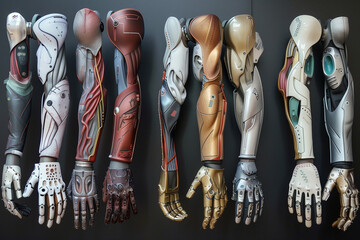 A row of robotic arms with different colors and designs. The arms are made of metal and have a futuristic look. The arms are lined up next to each other, creating a sense of uniformity and order