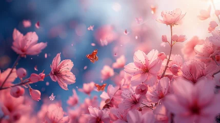 Rugzak Spring banner, branches of blossoming cherry against background of blue sky and butterflies on nature outdoors. Pink sakura flowers, dreamy romantic image spring, landscape panorama, copy space. © Matthew