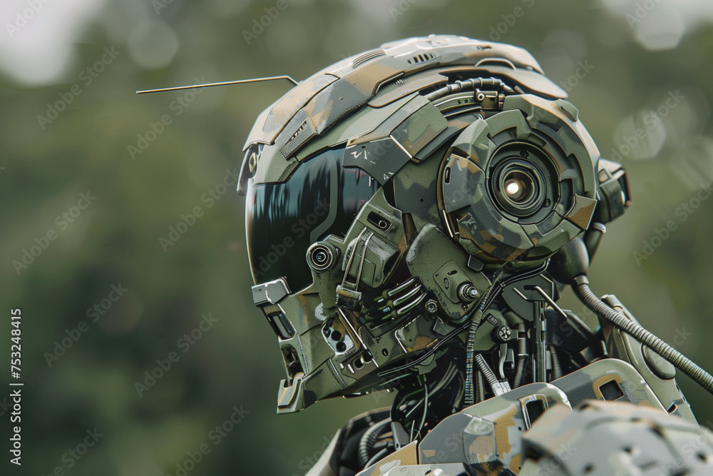 Poster a robot with a gun on its head is standing in front of a crowd of people. the robot is wearing a cam