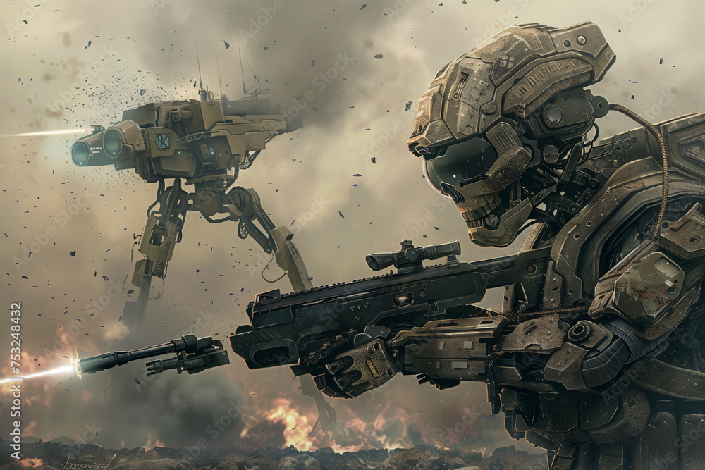 Poster a robot with a gun on its head is standing in front of a crowd of people. the robot is wearing a cam