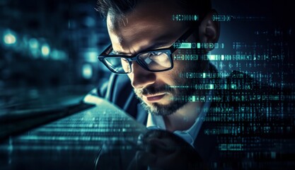 A hacker, surrounded by technological holograms, intensely focuses on coding in a close-up shot, portraying a futuristic cyber atmosphere.Generated image