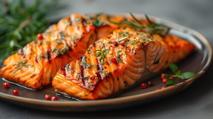 a close up of a plate of salmon on a plate with other plates of food and garnishments.