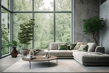 bright airy room interior in scandy nordic natural style decorated with fresh plants, green natural view from the windows