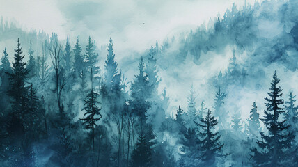 Foggy blue fir forest watercolor sketch