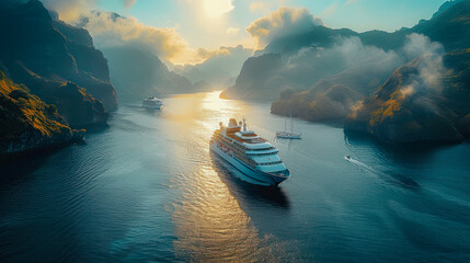 Cruise Ship Navigating Through Majestic Mountainous Fjords