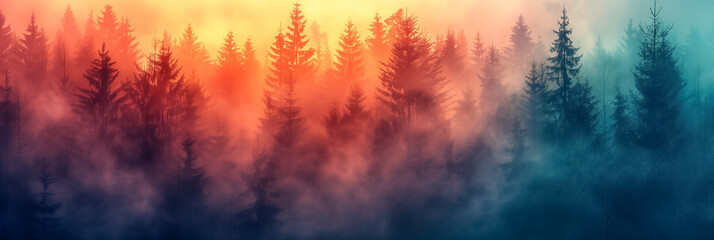 Abstract banner background with misty forest and warm orange sunlight.