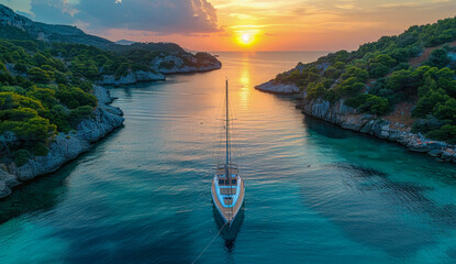 Aerial View of Yacht Anchored in Serene Mediterranean Cove at Sunset