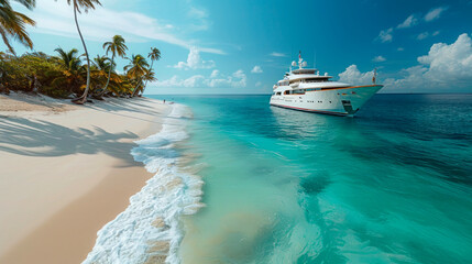 Luxury Yacht Docked by Tropical Beach with Palm Trees