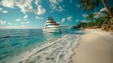 Tuinposter Luxury Yacht Docked by Tropical Beach with Palm Trees © Agustin