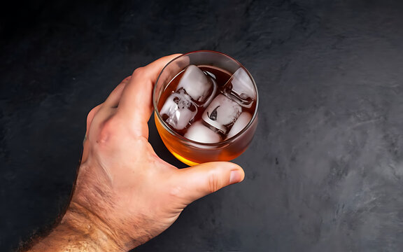 Whiskey or cola with ice glass in the male hand is a top view dark background