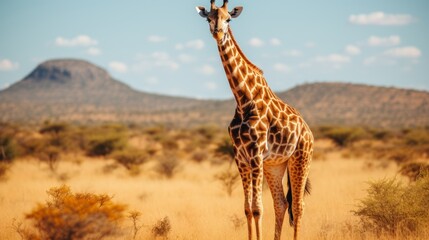 Graceful giraffe standing tall in natural beauty of the vast and serene savannah wilderness - obrazy, fototapety, plakaty