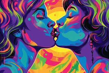 A vibrant pop art-style illustration of two women kissing against a bright, colorful background