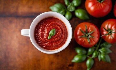 Tomato sauce with basil in a bowl on a wooden background.