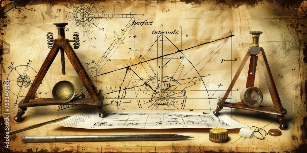 Leinwandbilder vintage drafting tools and designs lay on a wooden surface, echoing the age-old process of engineeri