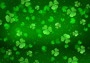 St. Patrick's Day green festive background with flying shamrock leaves, holiday party pattern with clover, abstract celebrating backdrop with glittering bokeh.