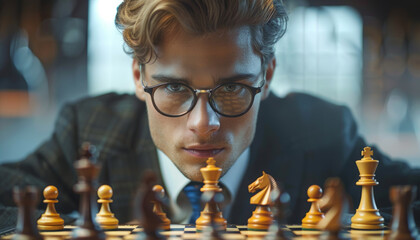 Male player plays chess, checkmate.