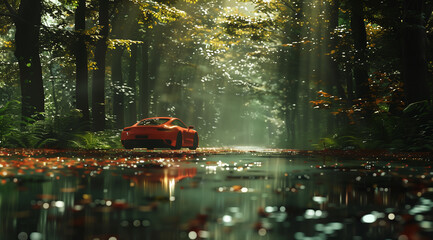 Car driving on a rainy forest road