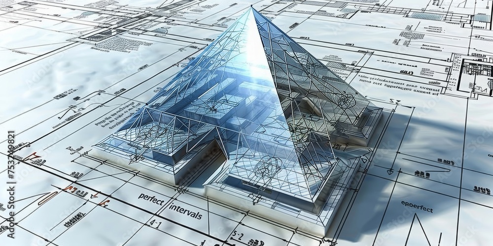 Aufkleber Translucent 3D Structure Rises from Blueprints, Representing the Aspiration and Visualization in Architectural Design, Generative AI