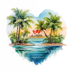 Tropical watercolor heart illustration on white background with sunset and palms