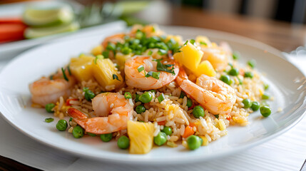 Tropical shrimp fried rice on a white plate