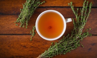 Top view of herbal tea with thyme on wooden table