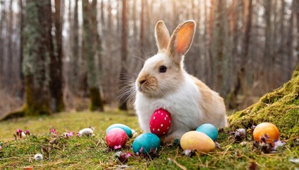 Easter bunny on the lawn among Easter eggs.